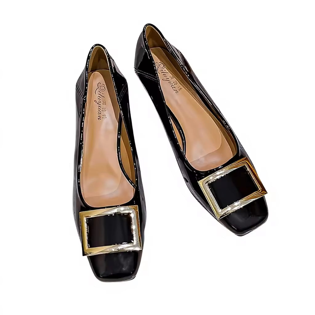Square Shallow Mouth Button Lacquer Leather Women's Single Shoes