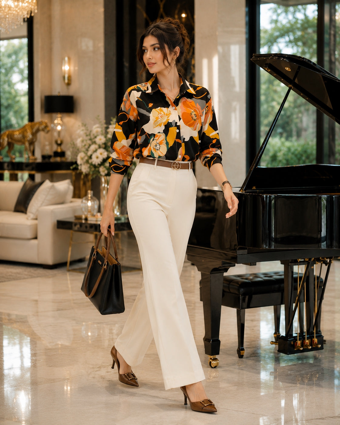 Vintage Style for Women Long Sleeve Flower Printed Spring Autumn semi formal Style Elegant Single Breasted Shirt