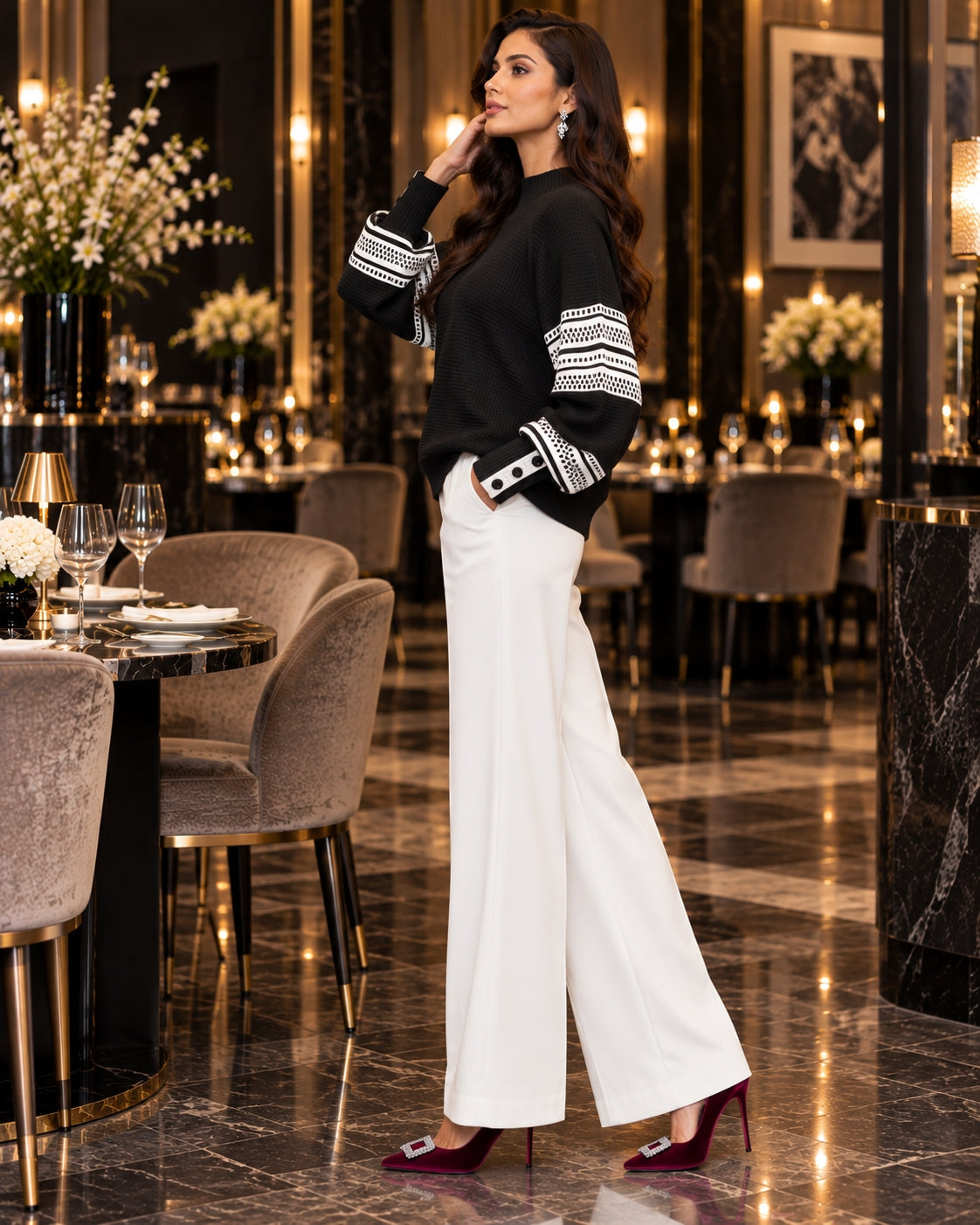 Women Mock Neck Knit Sweater Color Block Geometric Pattern Raglan Long Sleeve Button Cuff Loose Fall Winter Pullover Jumper Natalia Home Fashion    Natalia Home Fashion