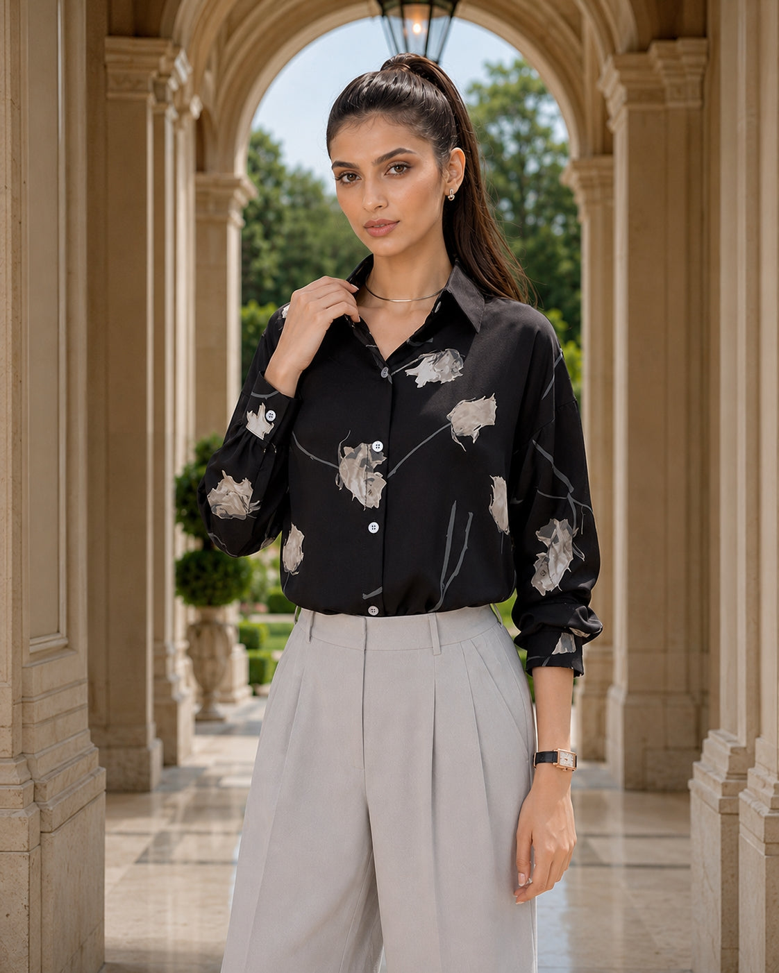 Women's Blouse Long Sleeve Rose Printed Fashionable Chiffon Shirt Long Sleeve Top Natalia Home Fashion    Natalia Home Fashion