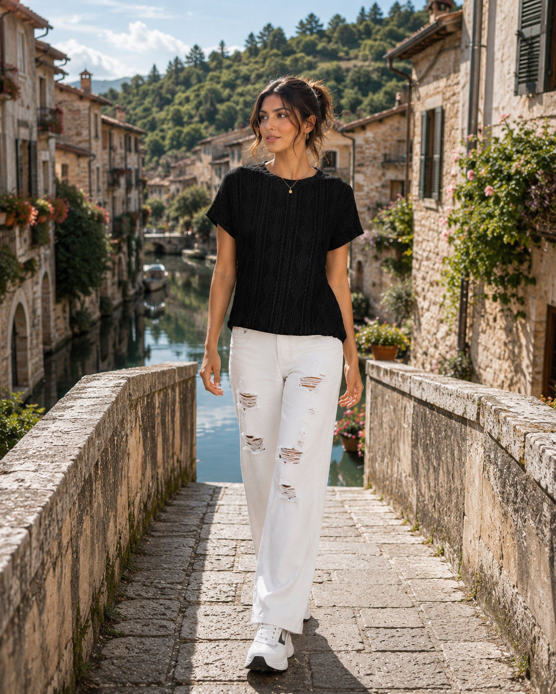 Women's Casual Round Neck Jacquard Short Sleeve Top T-shirt Leisure Commute Women Clothing