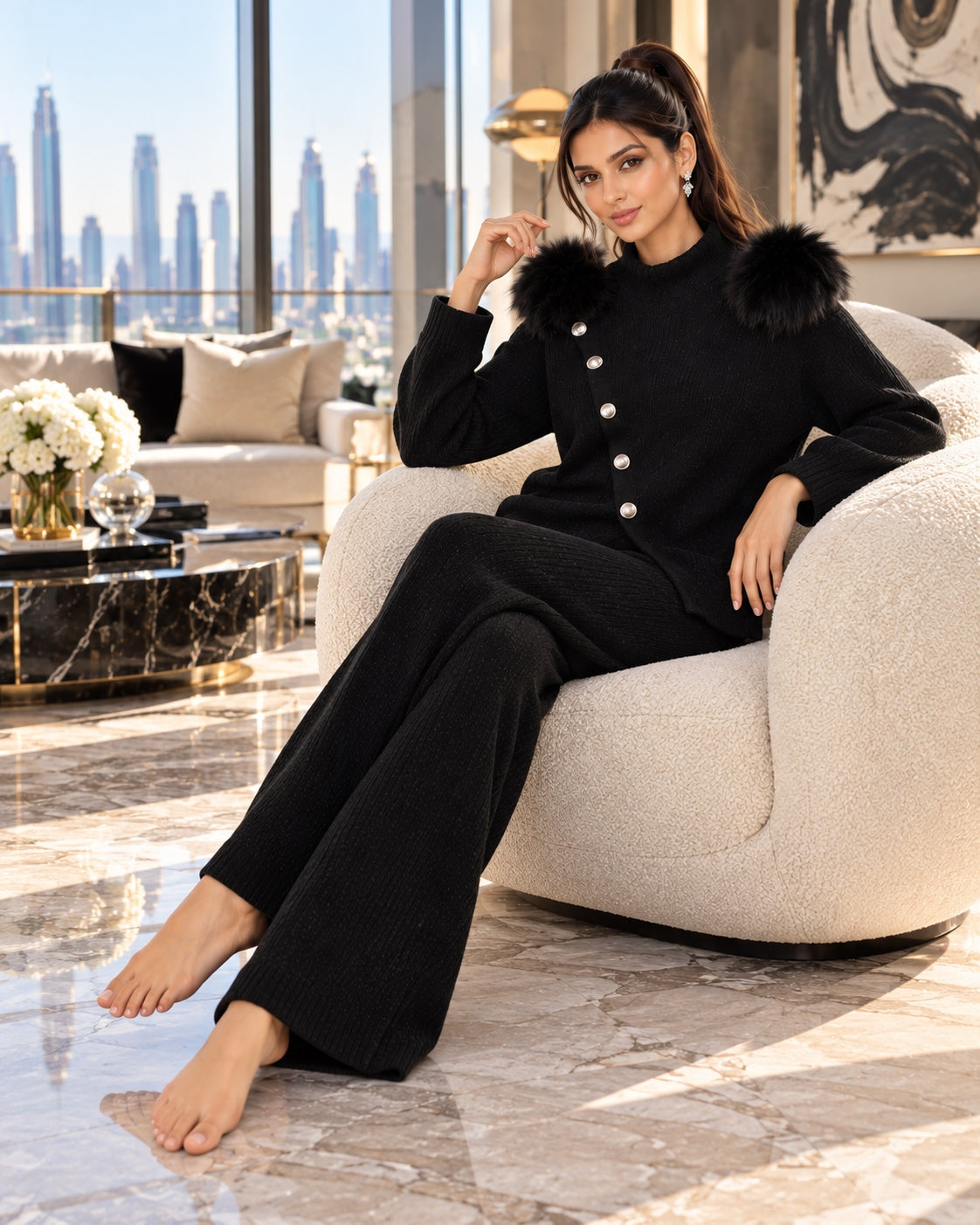Casual Knitted Half-High Collar Sweater And Pants Set Real Fox Shoulder Patches  Style Comfortable Lazy Style Natalia Home Fashion    Natalia Home Fashion