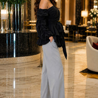 Women's Asymmetric Off-Shoulder Crop-Top Irregular Bow-Waist Puff-Sleeve Party Evening Top