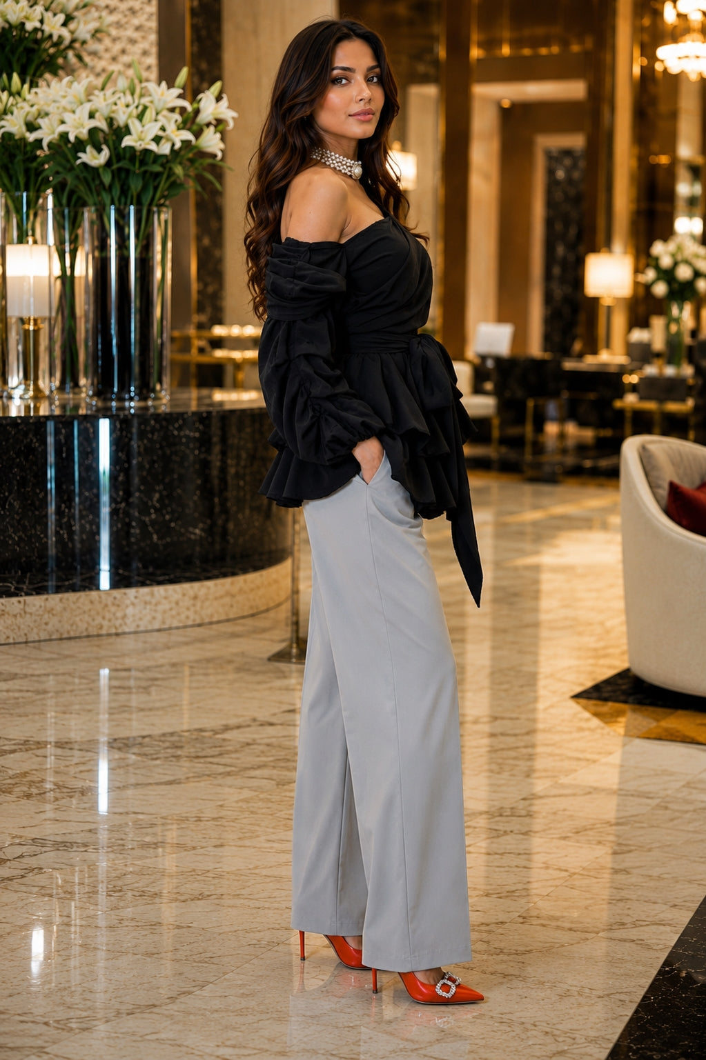 Women's Asymmetric Off-Shoulder Crop-Top Irregular Bow-Waist Puff-Sleeve Party Evening Top