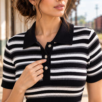 Women's Casual Button Top French Retro Turn-down Collar Striped Knitted Short-sleeved Sweater Top Natalia Home Fashion    Natalia Home Fashion