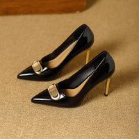 French Style Single Shoes Spring Women Pumps New Pointed Toe Shallow Mouth Metallic Buckle Commuting Shoes Stiletto Single Shoes