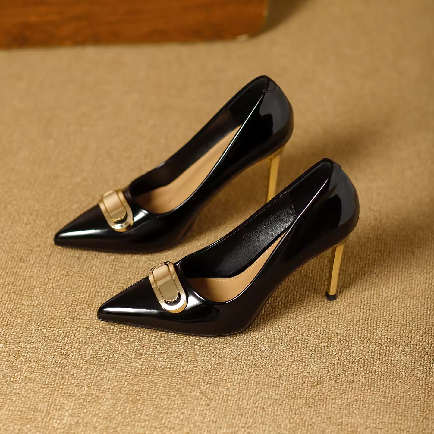 French Style Single Shoes Spring Women Pumps New Pointed Toe Shallow Mouth Metallic Buckle Commuting Shoes Stiletto Single Shoes