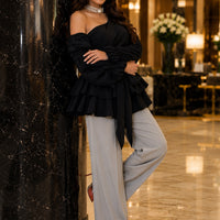 Women's Asymmetric Off-Shoulder Crop-Top Irregular Bow-Waist Puff-Sleeve Party Evening Top