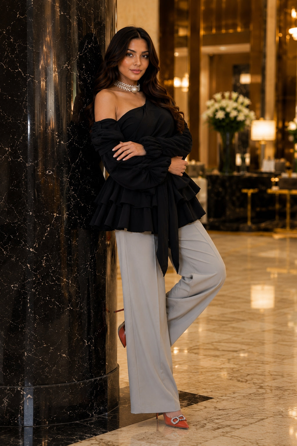 Women's Asymmetric Off-Shoulder Crop-Top Irregular Bow-Waist Puff-Sleeve Party Evening Top