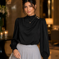 Stylish Long Sleeve Women Satin Blouses Elegant Loose O-neck Buttons Ladies Pullovers Shirts Tops Natalia Home Fashion    Natalia Home Fashion