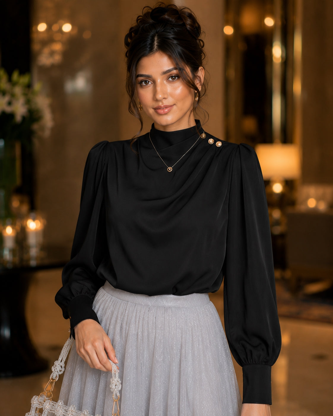 Stylish Long Sleeve Women Satin Blouses Elegant Loose O-neck Buttons Ladies Pullovers Shirts Tops Natalia Home Fashion    Natalia Home Fashion