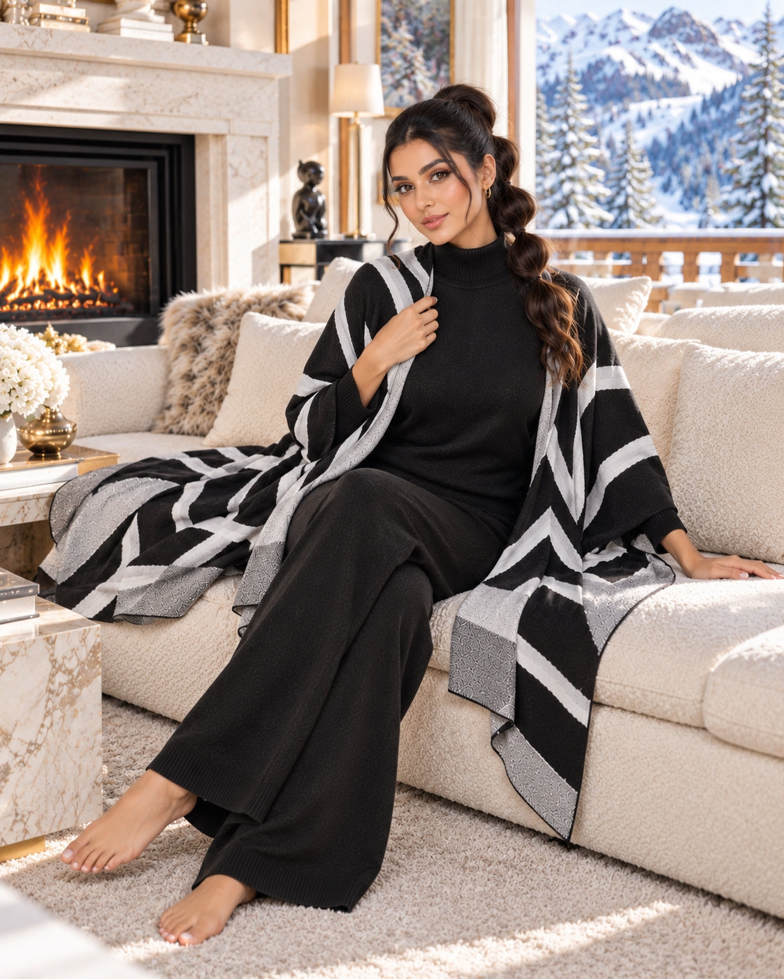 Casual Suit Women's Temperament Lazy Wind Knitted Sweater Shawl Cape Wide-leg Pants Three-piece Set Natalia Home Fashion    Natalia Home Fashion