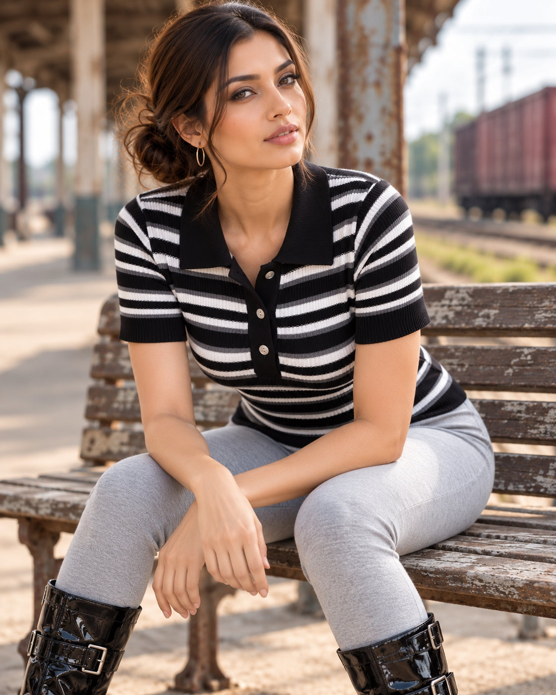 Women's Casual Button Top French Retro Turn-down Collar Striped Knitted Short-sleeved Sweater Top Natalia Home Fashion    Natalia Home Fashion