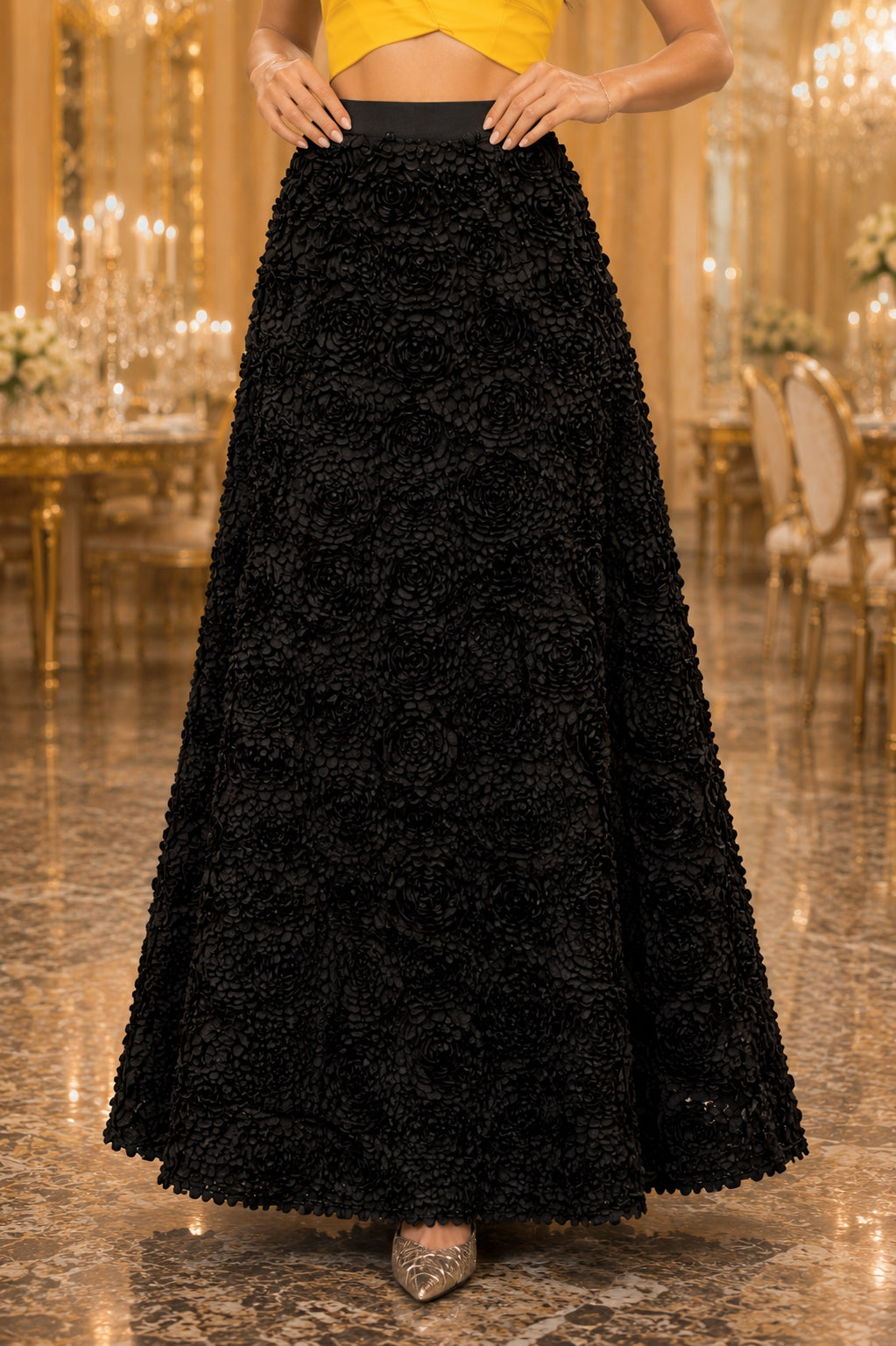 Light Luxury Evening Skirt  Women's Slim Fit Loose Warm Embroidered Petal Side Split Design Casual Skirt