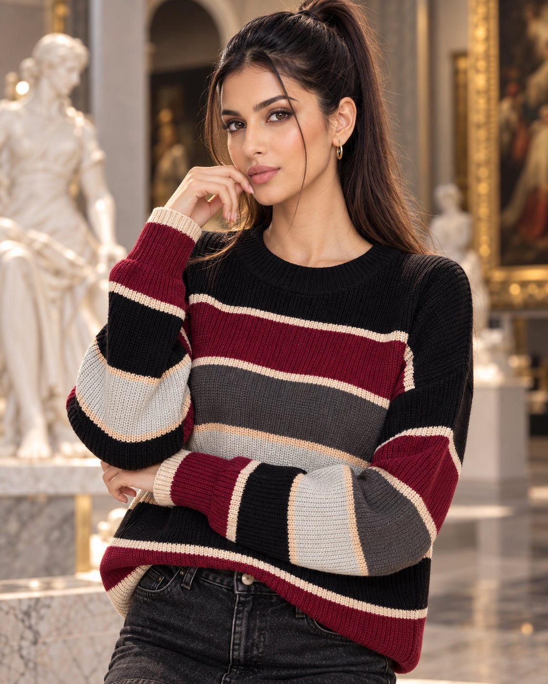 Women's Winter Clothing Oversized Striped Round Neck Ribbed Casual Sweater for Women Women's And Female Clothing Natalia Home Fashion    Natalia Home Fashion