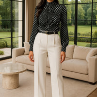 Long Sleeve Button Shirt Fashion Polka Dot Print Ruffle Women Shirts Blouses Elegant Office Lady Casual Top