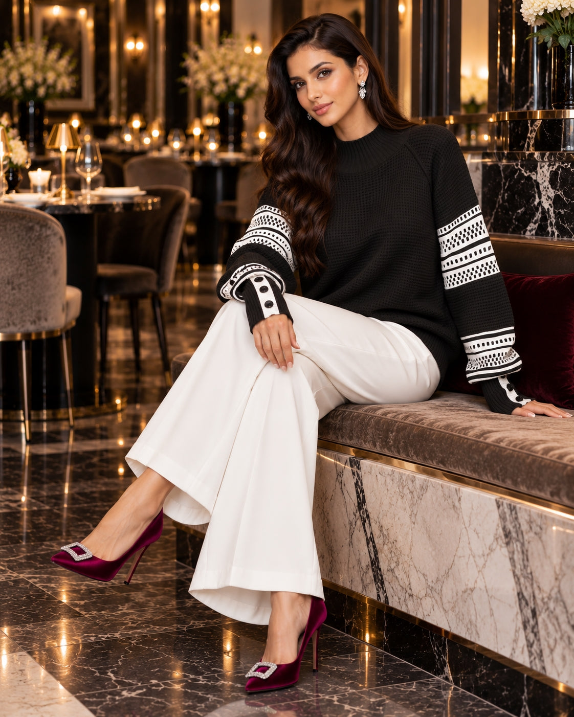 Women Mock Neck Knit Sweater Color Block Geometric Pattern Raglan Long Sleeve Button Cuff Loose Fall Winter Pullover Jumper Natalia Home Fashion    Natalia Home Fashion
