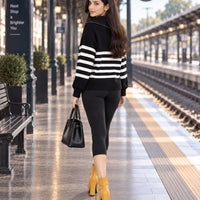 Ladies Striped Knit Sweater Half Zipper Wide Lapel Collar Loose Long Sleeve Pullover For Casual Daily Wear Natalia Home Fashion    Natalia Home Fashion