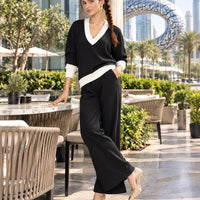 Casual Multicolor Loose Sets V Neck Sweater Solid Wide Legs Long Pants Women Knitwear Thick 2pc Suits Natalia Home Fashion    Natalia Home Fashion