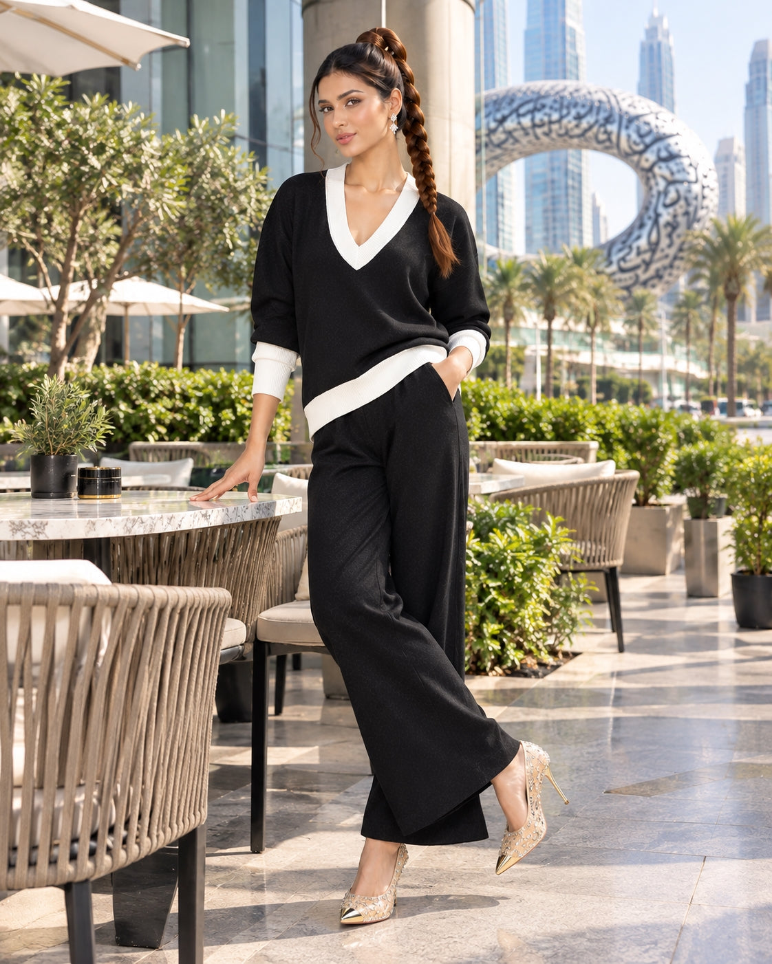 Casual Multicolor Loose Sets V Neck Sweater Solid Wide Legs Long Pants Women Knitwear Thick 2pc Suits Natalia Home Fashion    Natalia Home Fashion