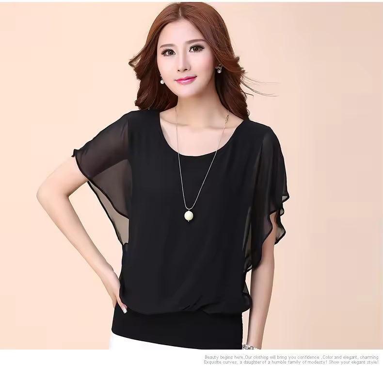 Women's Clothing Chiffon Short Sleeve Bat Wing Shirt Loose Fit Slimming T-Shirt For Women Natalia Home Fashion    Natalia Home Fashion