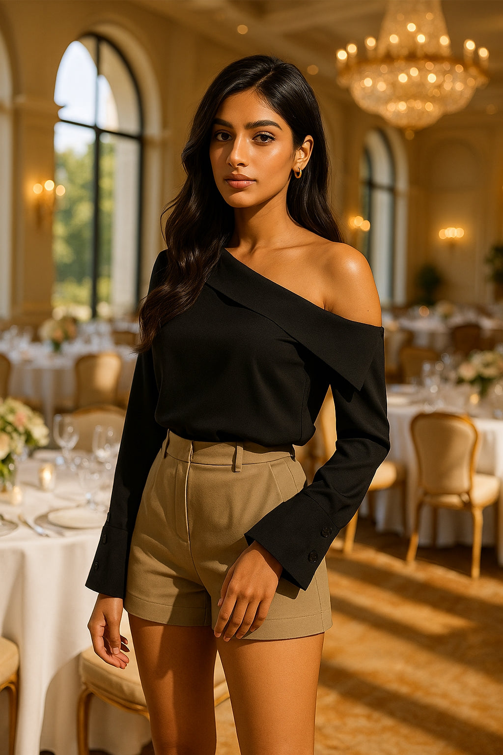 Off Shoulder Elegant Office Women's Shirt Top Fashionable Sexy Women Long Sleeved Chiffon Top