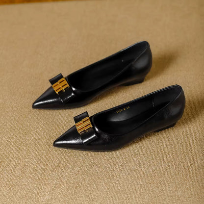 Sheepskin Bow Knot Casual wear Flats  Women's Work Pointed Toe Single Shoes small wedge style Heel