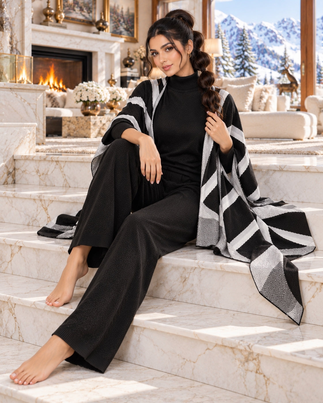 Casual Suit Women's Temperament Lazy Wind Knitted Sweater Shawl Cape Wide-leg Pants Three-piece Set Natalia Home Fashion    Natalia Home Fashion
