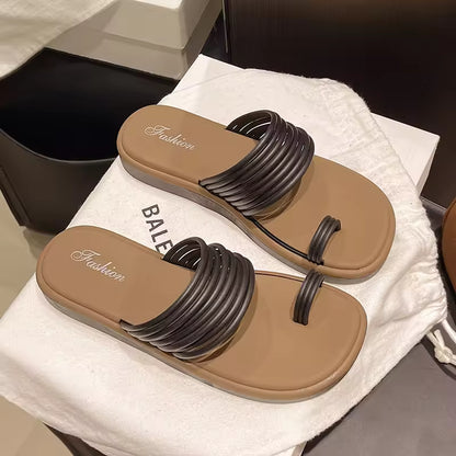 Women's Flat Sandals Summer Outdoor Wear Niche Design Sensation Thin Strap Toe Covering Roman Beach Slippers Comfortable