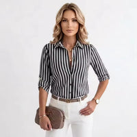 Women's Long Sleeve Striped Button-Up Shirt with Classic Lapel Collar and Curved Hem - Casual Office Wear Tops