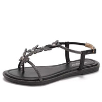 Single-strap rhinestone bow flat sandals, new summer fashion, simple and stylish, suitable for outdoor wear, Roman beach shoes