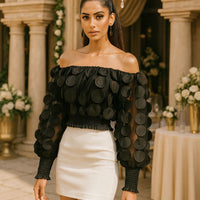 Fashion Women's Shirt Floral Pattern Shirred Sheer Mesh Patch Long Sleeve Off The Shoulder Gigot Sleeve Top
