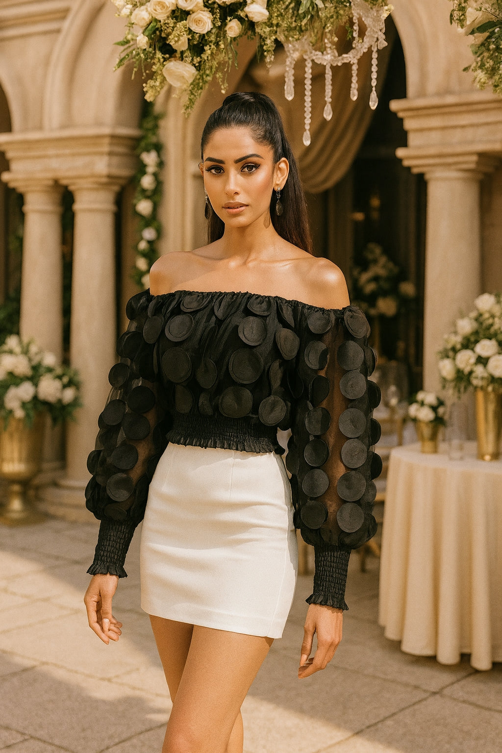 Fashion Women's Shirt Floral Pattern Shirred Sheer Mesh Patch Long Sleeve Off The Shoulder Gigot Sleeve Top