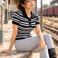 Women's Casual Button Top French Retro Turn-down Collar Striped Knitted Short-sleeved Sweater Top Natalia Home Fashion    Natalia Home Fashion