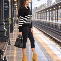 Ladies Striped Knit Sweater Half Zipper Wide Lapel Collar Loose Long Sleeve Pullover For Casual Daily Wear Natalia Home Fashion    Natalia Home Fashion