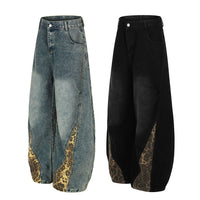 Retro Leopard Print Patchwork Baggy Jeans Women High Waist Wide Leg Washed Denim Pants Trousers Natalia Home Fashion    Natalia Home Fashion