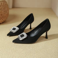 Elegant Retro Pointed Toe High Heels Thin Heel Women's Shoes Comfortable Diamond Embellished Low Cut Fashionable Footwear