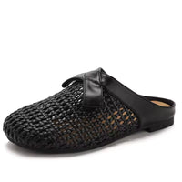 Versatile woven closed-toe sandals with bow and hollow-out design, new summer breathable soft-soled women's sandals