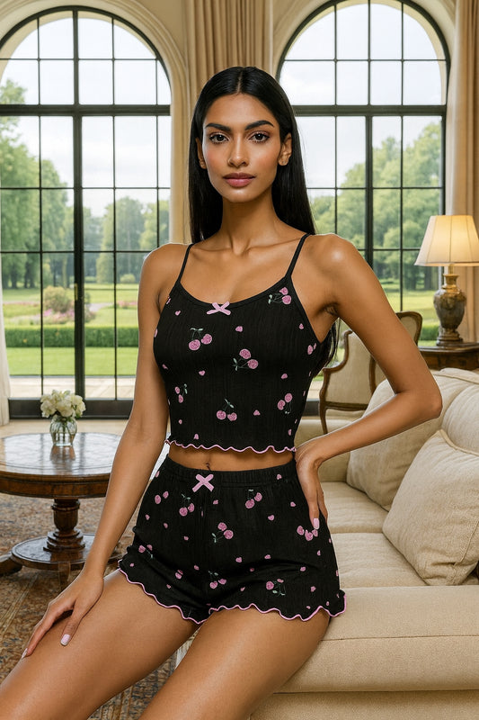 Sleepwear Women's Heart Print Sexy Strap Vest Shorts Home Clothes Set Polyester Fiber Medium Weight Sleeveless