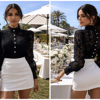 Shirt Women Blouse Office Lady Flower Blouse Spring Hollow Out Lace  Stand Collar Button Female Clothing