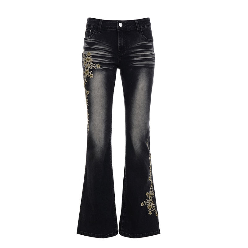 Embroidered Washed Old Jeans Women's Autumn Butterfly Slim-fitting and Thin Casual Micro-pull Pants Natalia Home Fashion    Natalia Home Fashion