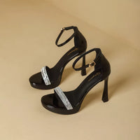 Suede Women's Sandals Thin Heels 9cm Ankle Buckle Rhinestone Straight Straps Cover Heel Ladies Pumps Dress Shoes