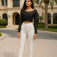 Women Plaids Sequined Embroidery Mesh Spliced T-shirt Slim High Waist Pearls Beaded Gauze Tees O-Neck Long Sleeved Crop Tops