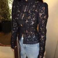 Vintage Blouse, Elegant Embroidery Puff Sleeve Hollow Out Lace Stand Collar Semi Formal Summer Top Natalia Home Fashion    Natalia Home Fashion