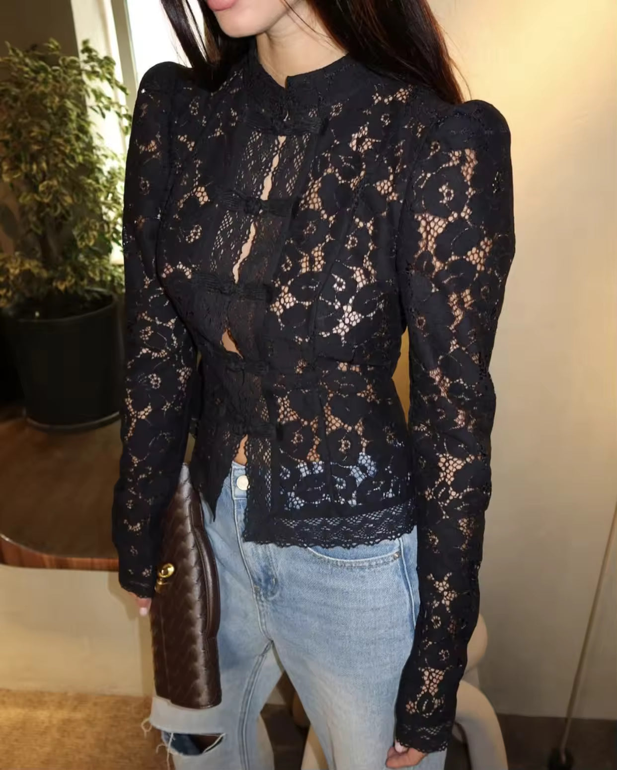 Vintage Blouse, Elegant Embroidery Puff Sleeve Hollow Out Lace Stand Collar Semi Formal Summer Top Natalia Home Fashion    Natalia Home Fashion