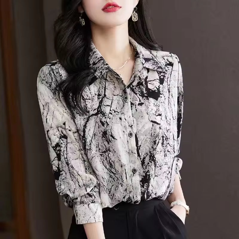 Fat Sister Chiffon Shirt Women 2025Spring Summer New Printing Long Coat Add Fat Large Size Loose Bottoming Shirt Slim Female Top Natalia Home Fashion    Natalia Home Fashion