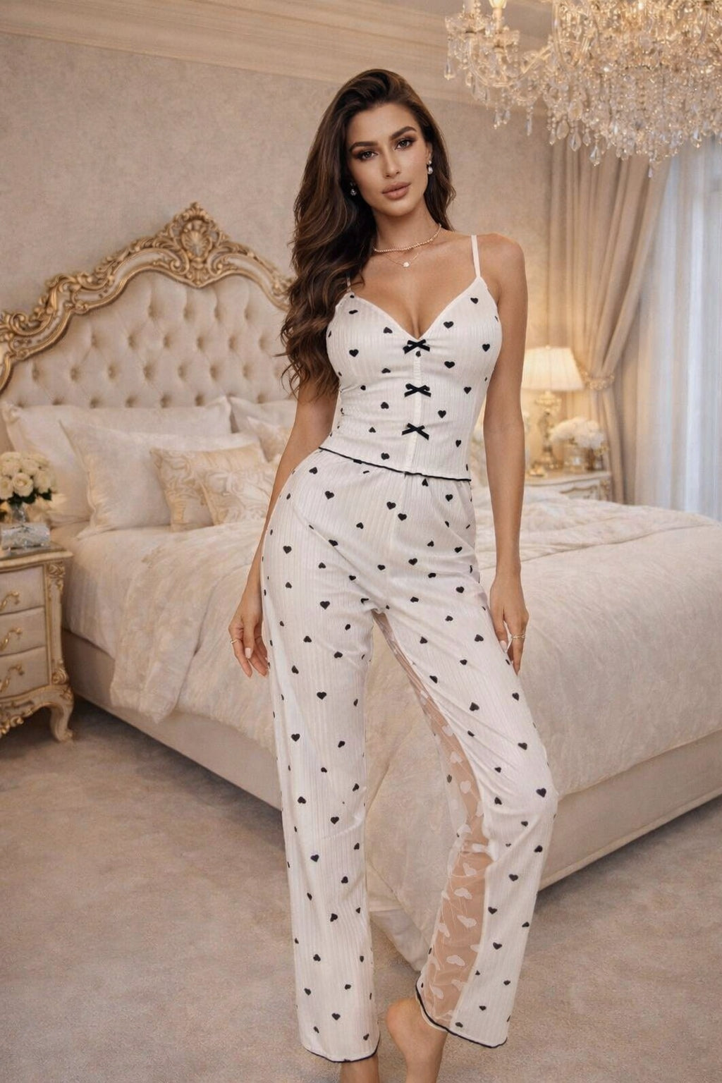 Women's 2-piece printed sleepwear semi transparent mesh casual printed vest elastic waist pants summer transparent mesh Pajama Suit