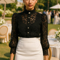 Shirt Women Blouse Office Lady Flower Blouse Spring Hollow Out Lace  Stand Collar Button Female Clothing