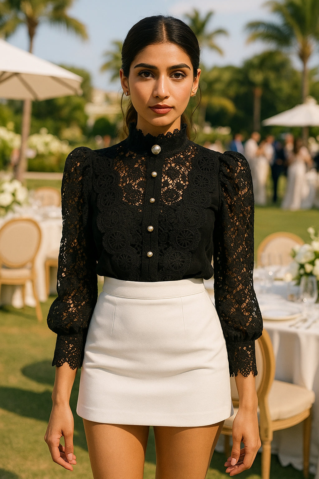 Shirt Women Blouse Office Lady Flower Blouse Spring Hollow Out Lace  Stand Collar Button Female Clothing