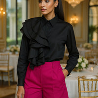 Advanced Style Shirt With Women's Fashion Ruffle Edge Splicing Design Single Breasted Long Sleeved Shirt Women's Loose And Versa